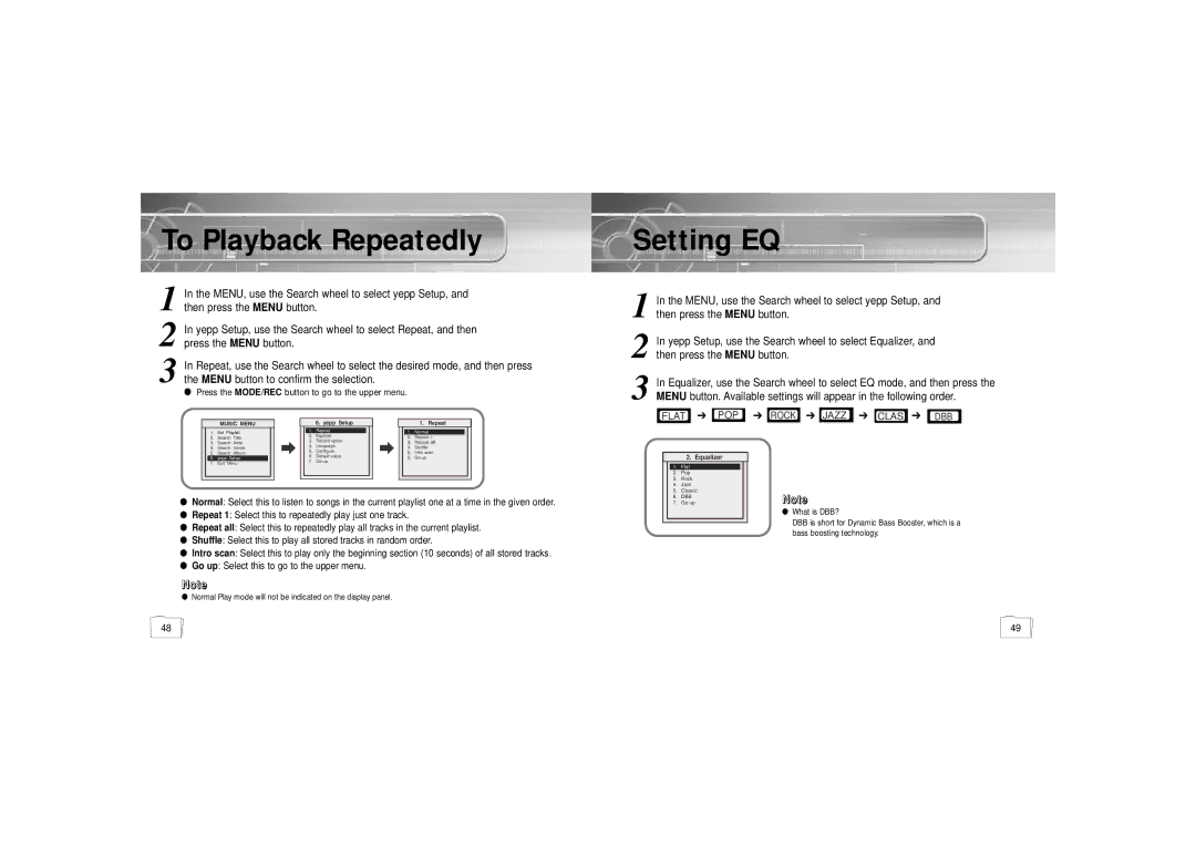 Samsung YP900GS2/ELS manual To Playback Repeatedly, Setting EQ 