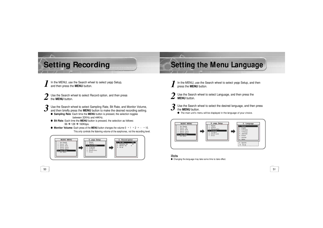 Samsung YP900GS2/ELS manual Setting Recording, Setting the Menu Language 