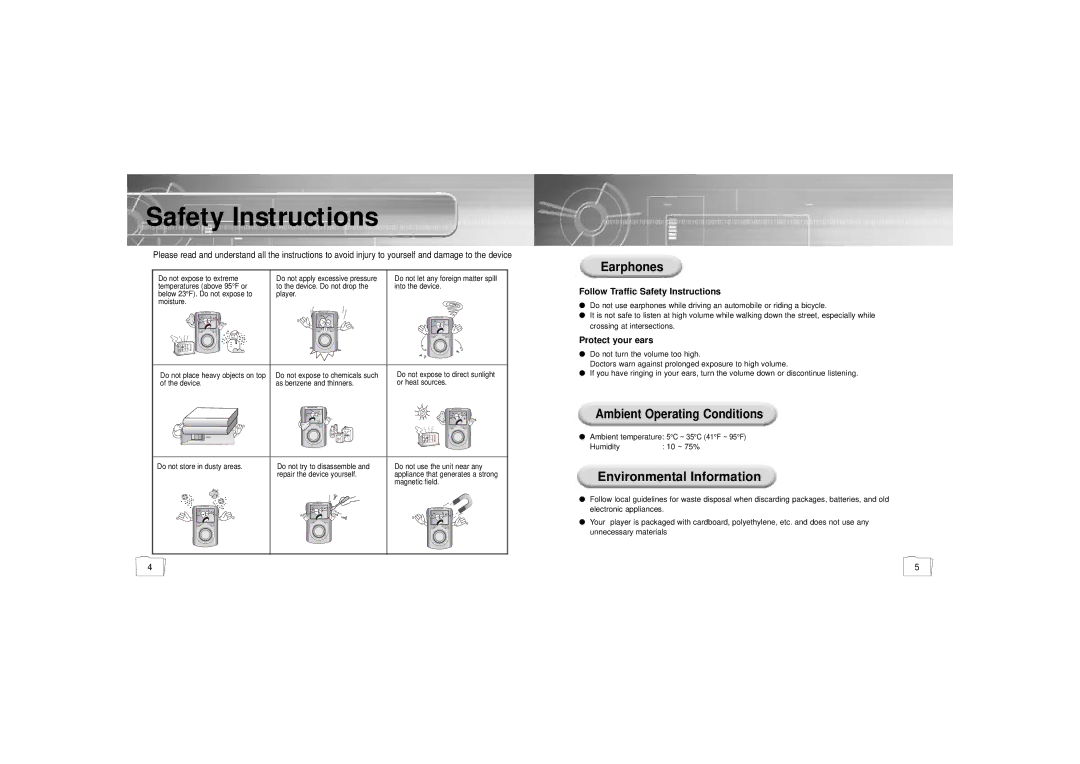 Samsung YP900GS2/ELS manual Safety Instructions, Earphones, Environmental Information, Ambient Operating Conditions 