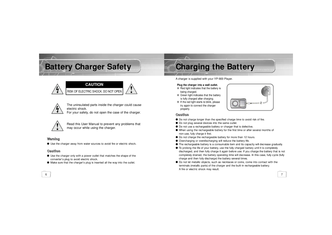 Samsung YP900GS2/ELS manual Battery Charger Safety, Charging the Battery 