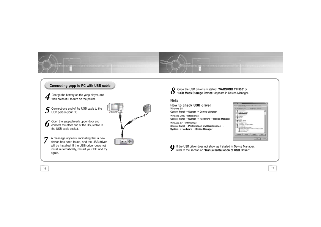 Samsung YP900GS2/ELS manual Connecting yepp to PC with USB cable, Again 