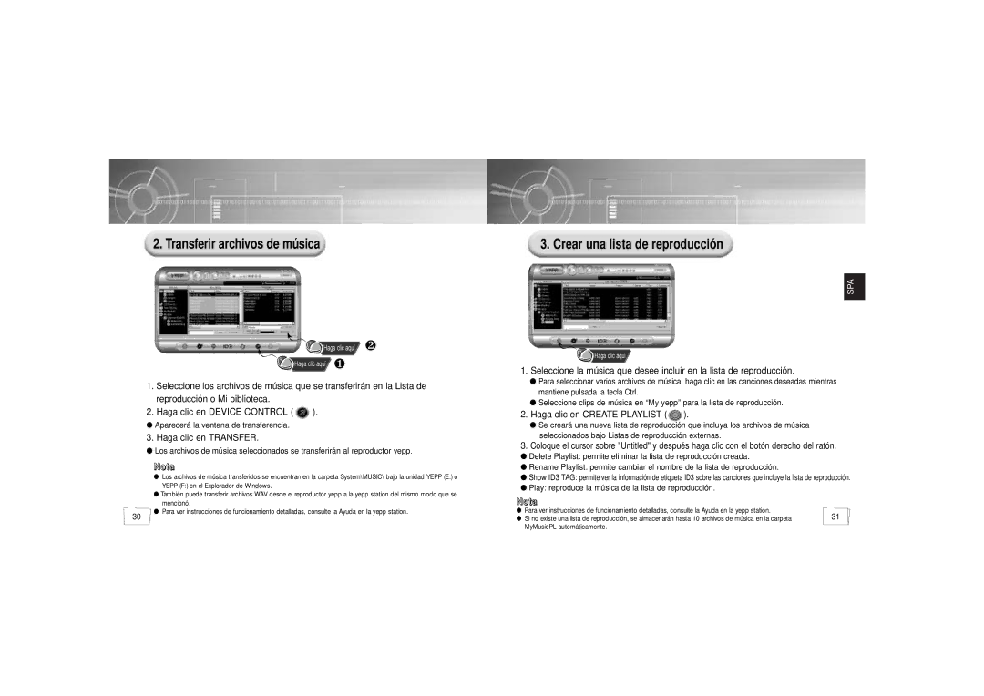 Samsung YP900GS2/ELS manual Transferir archivos de música, Crear una lista de reproducción, Haga clic en Transfer 