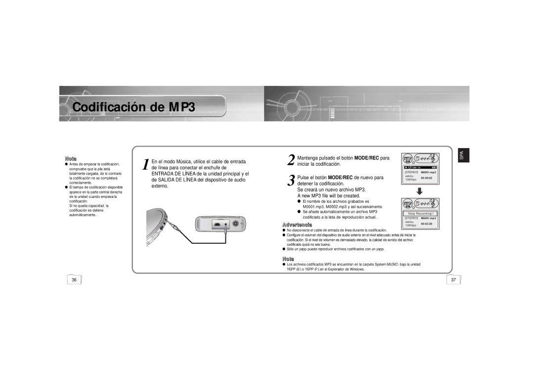 Samsung YP900GS2/ELS manual Codificación de MP3, AAddvveerrtteenncciiaa 