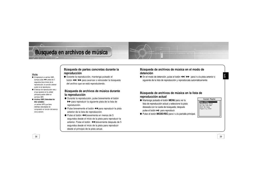 Samsung YP900GS2/ELS Búsqueda de partes concretas durante la reproducción, Búsqueda de archivos de música en la lista de 