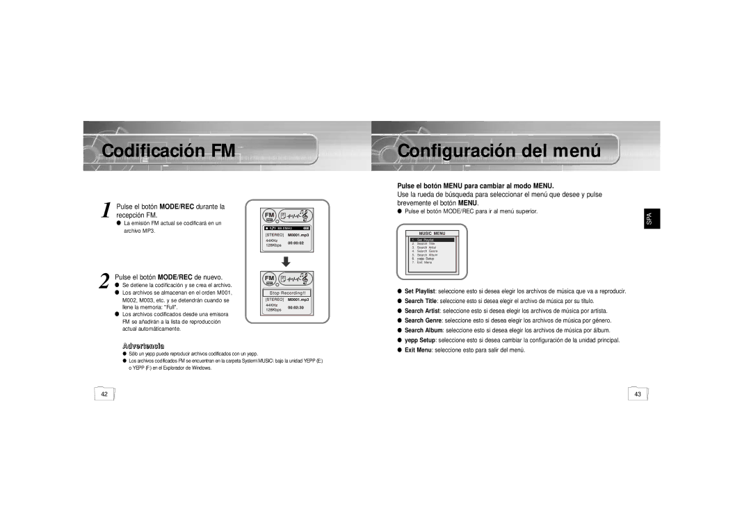 Samsung YP900GS2/ELS manual Codificación FM, Configuración del menú, Pulse el botón MODE/REC durante la recepción FM 