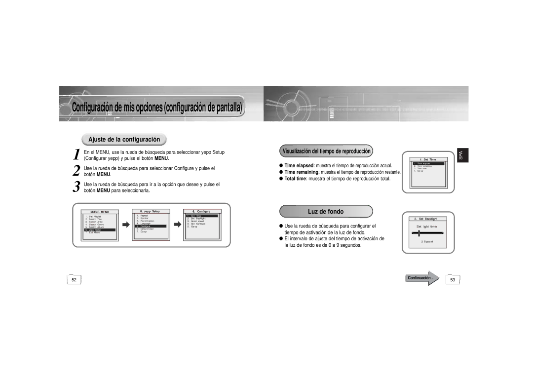 Samsung YP900GS2/ELS manual Ajuste de la configuración, Luz de fondo, Total time muestra el tiempo de reproducción total 