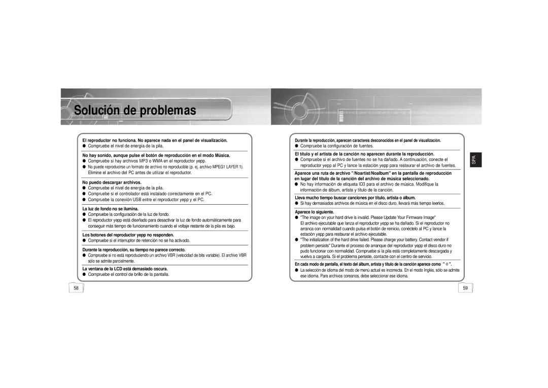 Samsung YP900GS2/ELS manual Solución de problemas, Compruebe si hay archivos MP3 o WMA en el reproductor yepp 