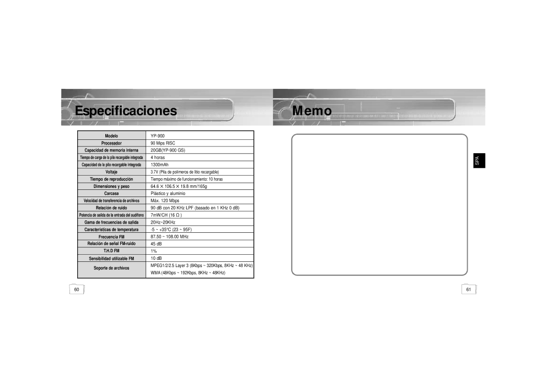 Samsung YP900GS2/ELS manual EspecificacionesMemo, 1300mAh 