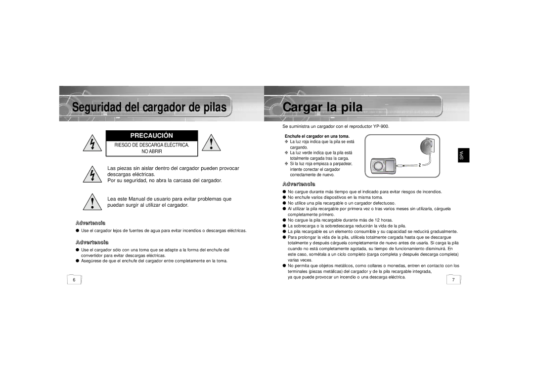 Samsung YP900GS2/ELS manual Cargar la pila, Advertencia 