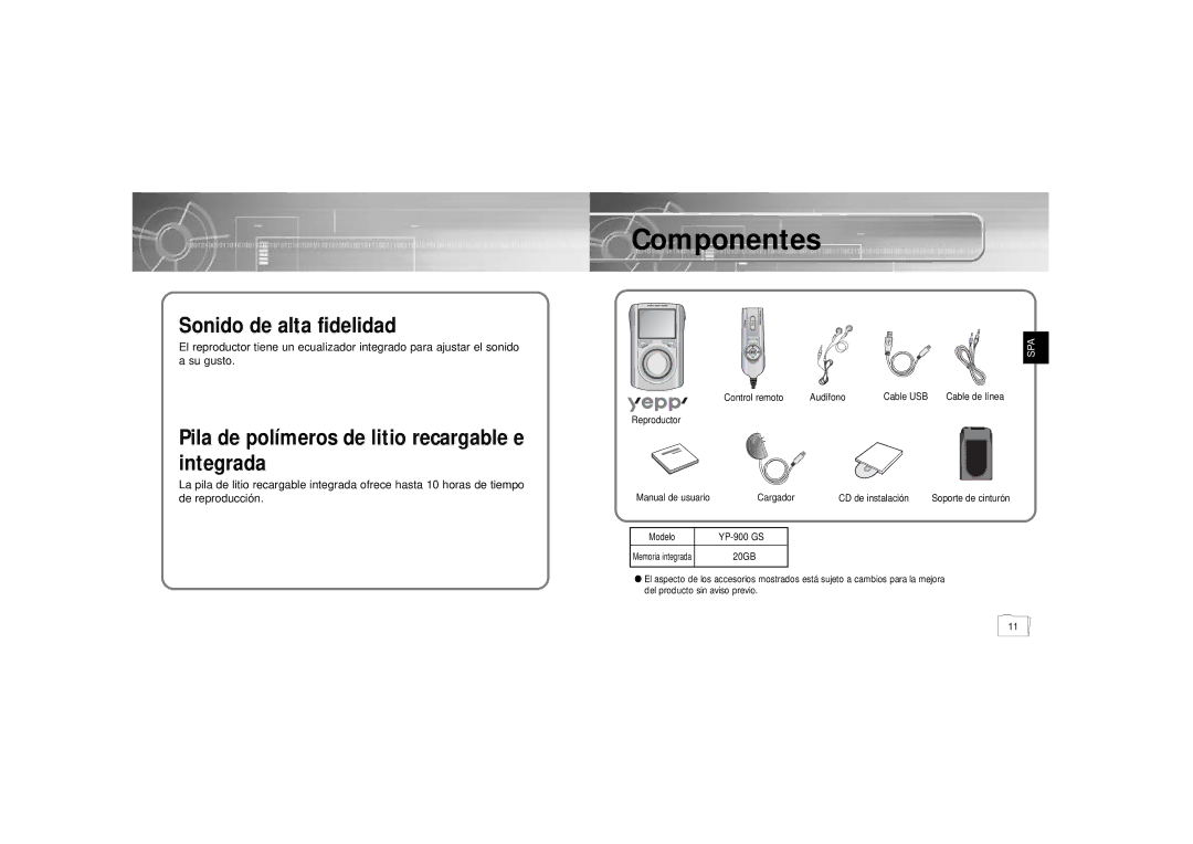 Samsung YP900GS2/ELS manual Componentes 