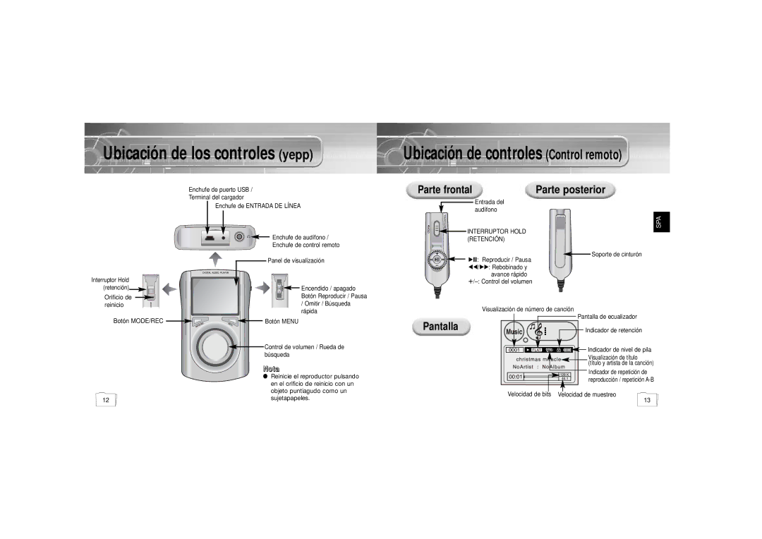 Samsung YP900GS2/ELS manual Ubicación de los controles yepp, Nota 