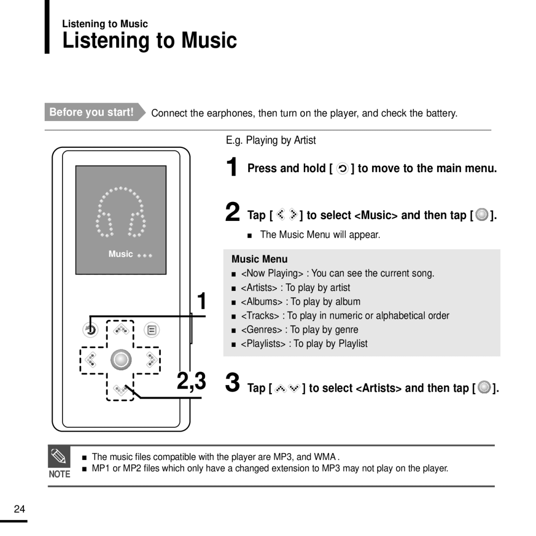 Samsung YPK3JSE, 20080218091404546 manual Listening to Music, Tap to select Artists and then tap 