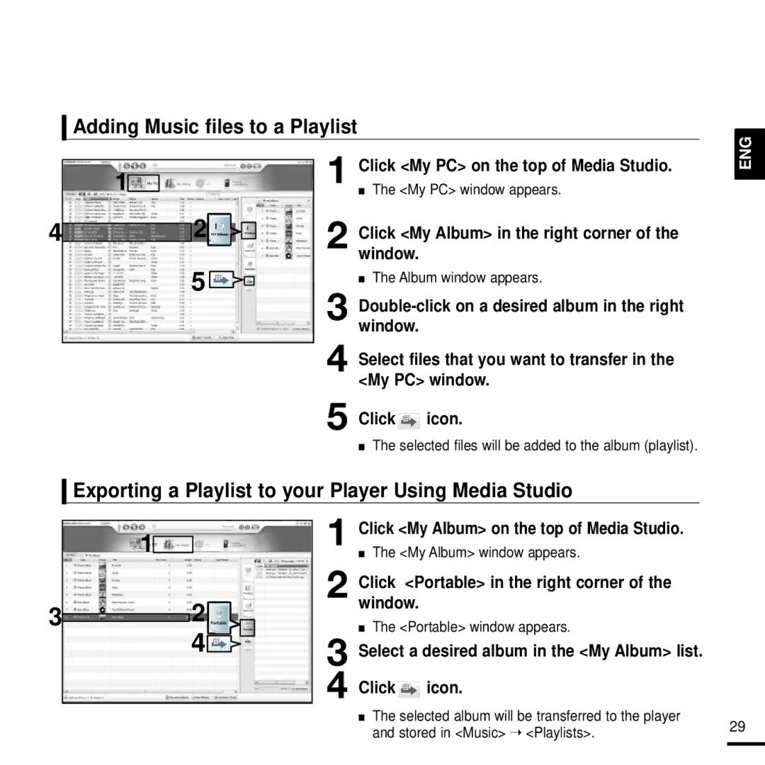 Samsung 20080218091404546 manual Adding Music files to a Playlist, Exporting a Playlist to your Player Using Media Studio 