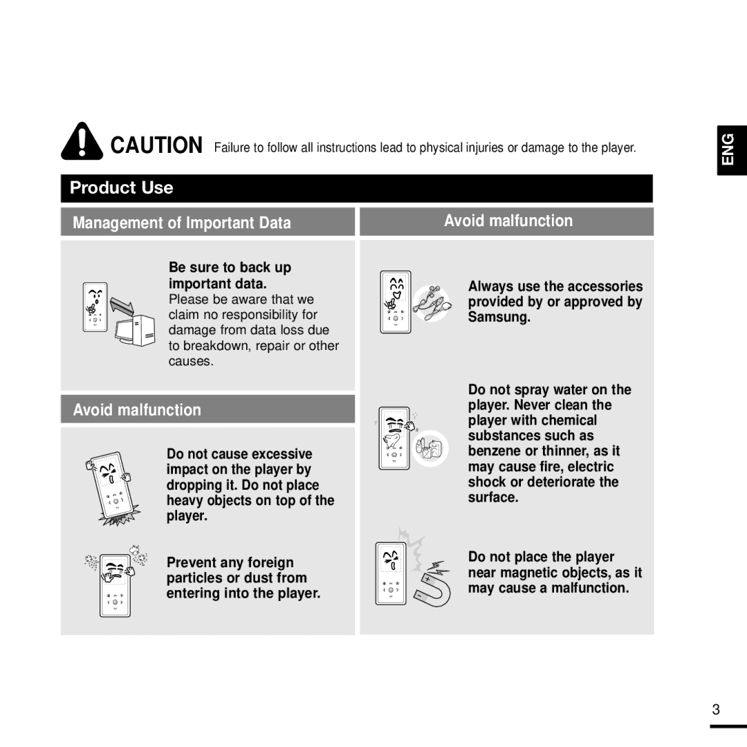 Samsung 20080218091404546, YPK3JSE manual Management of Important Data Avoid malfunction 