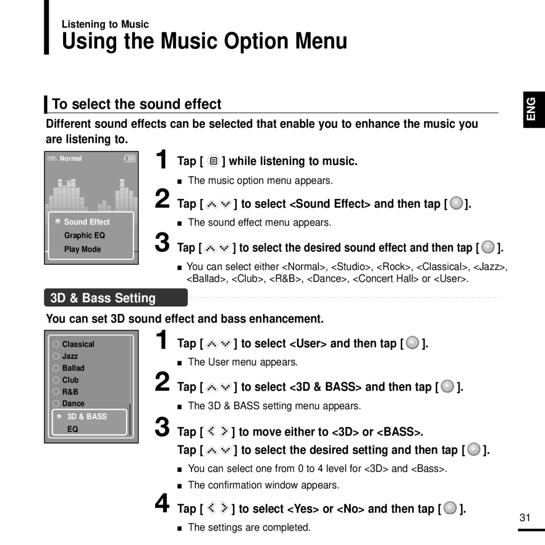 Samsung 20080218091404546 Using the Music Option Menu, To select the sound effect, Tap to select 3D & Bass and then tap 