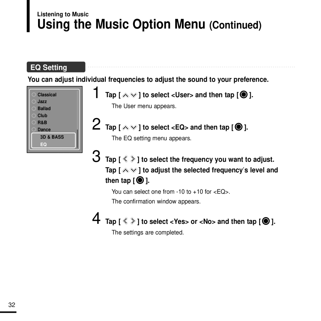 Samsung YPK3JSE, 20080218091404546 Tap to select User and then tap, Tap to select EQ and then tap, EQ setting menu appears 