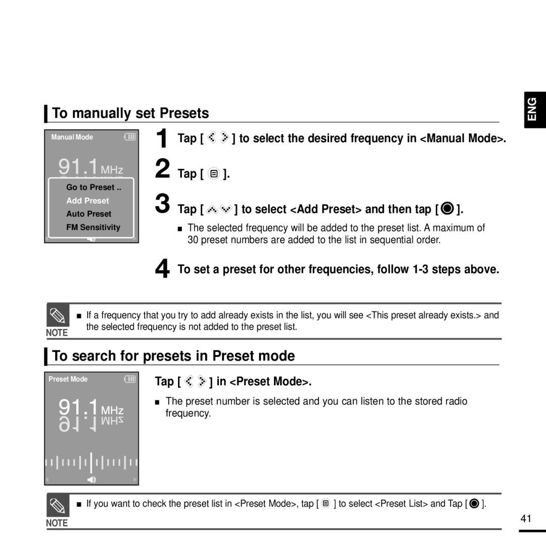 Samsung 20080218091404546, YPK3JSE To manually set Presets, To search for presets in Preset mode, Tap in Preset Mode 