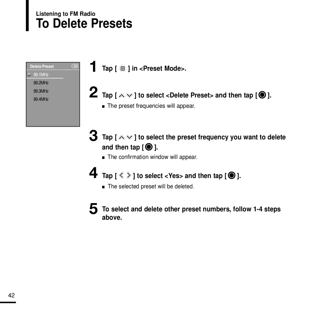 Samsung YPK3JSE manual To Delete Presets, Tap Preset Mode, Preset frequencies will appear, Confirmation window will appear 