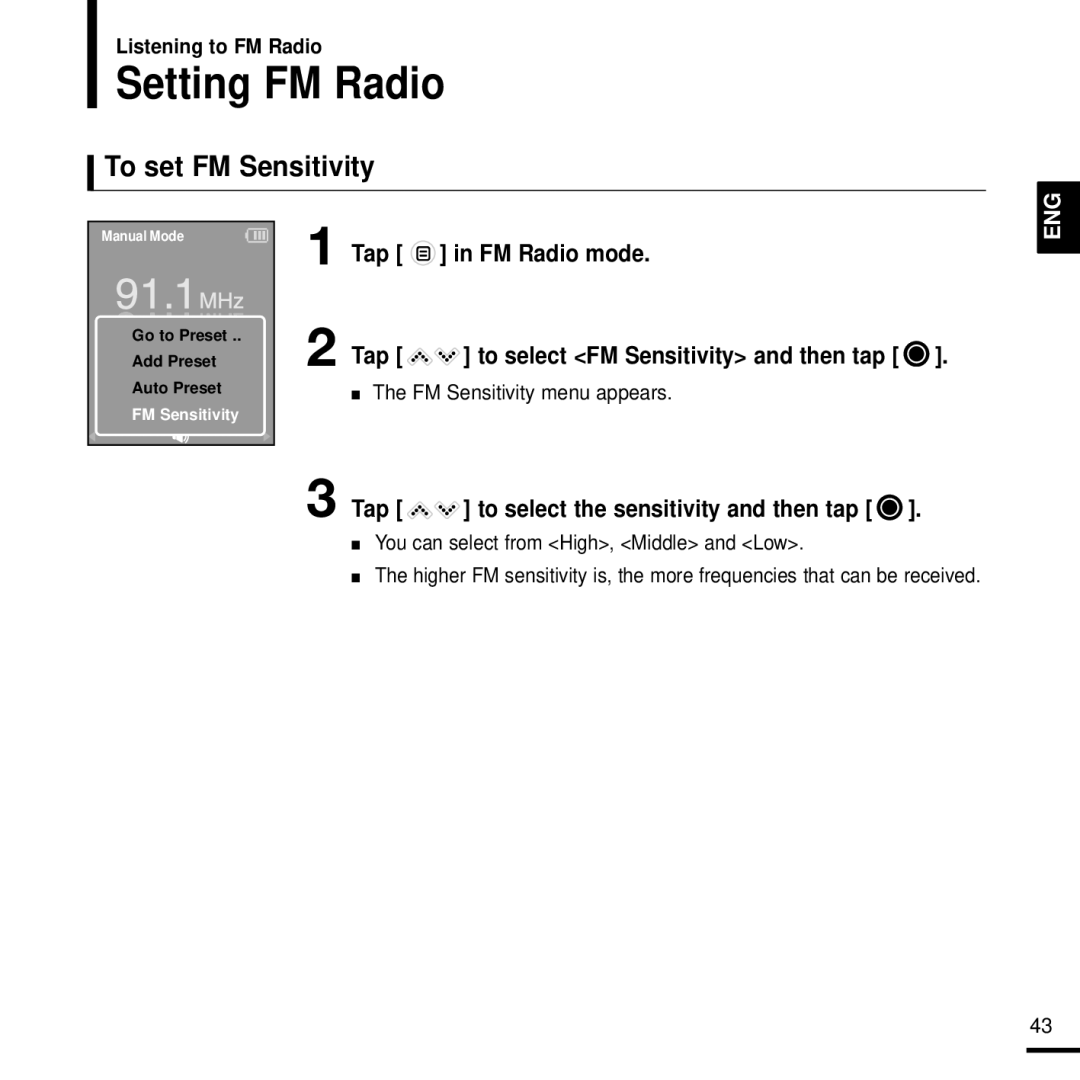 Samsung 20080218091404546, YPK3JSE Setting FM Radio, To set FM Sensitivity, Tap to select the sensitivity and then tap 