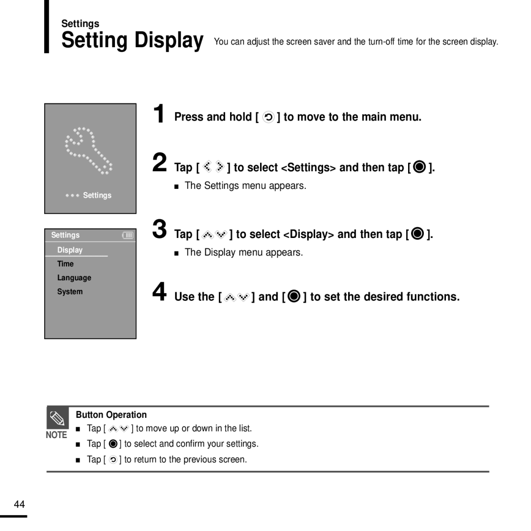 Samsung YPK3JSE manual Tap To select Display and then tap, Use, To set the desired functions, Settings menu appears 