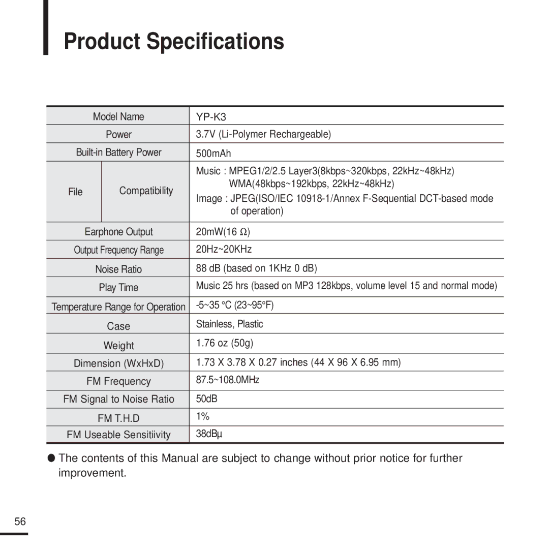 Samsung YPK3JSE, 20080218091404546 manual Product Specifications 