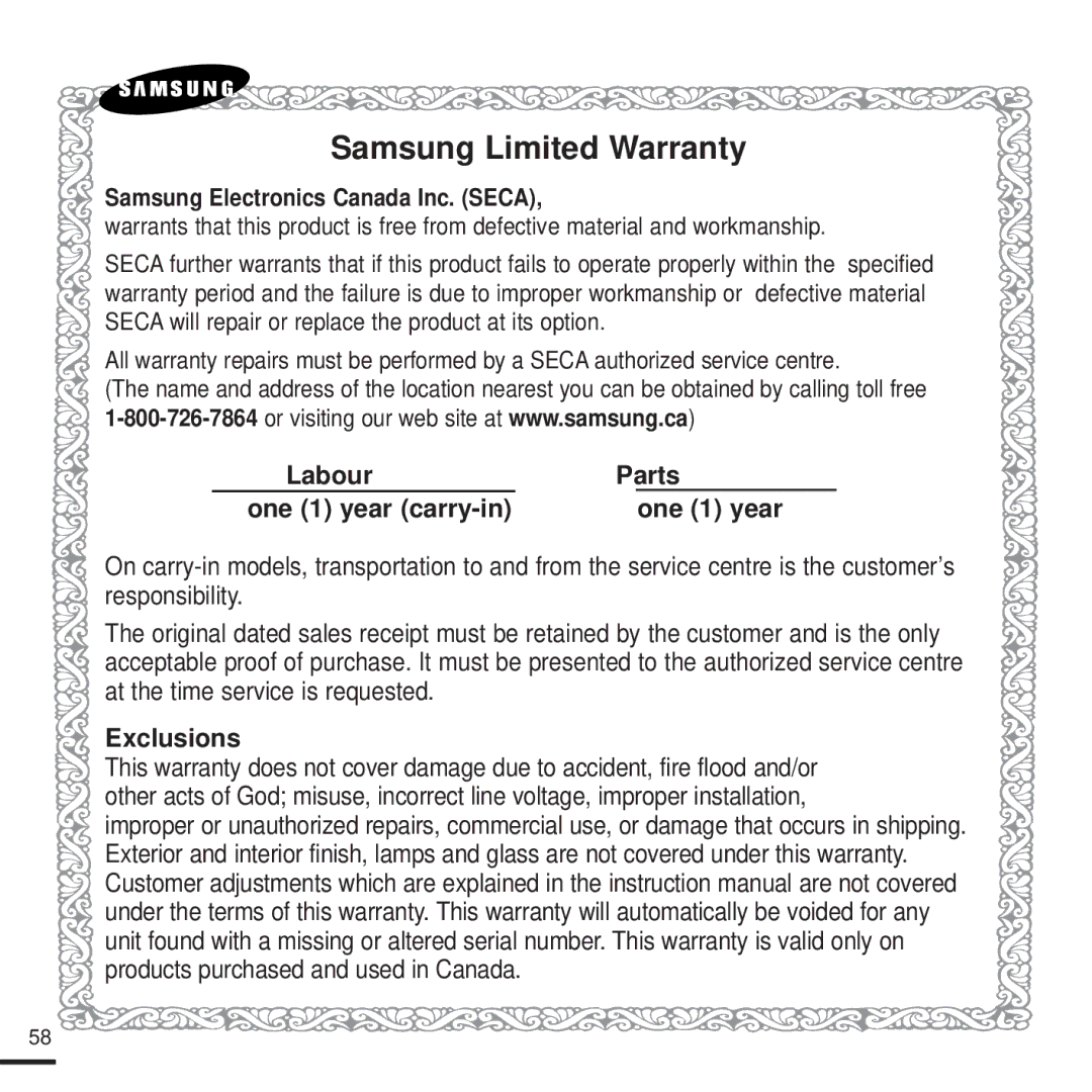 Samsung YPK3JSE, 20080218091404546 manual Samsung Electronics Canada Inc. Seca, One 1 year carry-in 