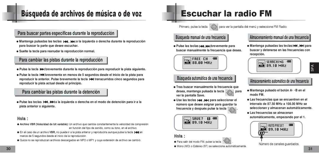 Samsung YPT5H2/ELS, YPT5V2/ELS manual Escuchar la radio FM, Para buscar partes específicas durante la reproducción 