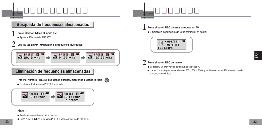 Samsung YPT5V2/ELS manual Codificación FM, Búsqueda de frecuencias almacenadas, Eliminación de frecuencias almacenadas 