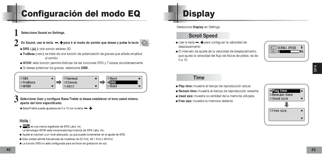 Samsung YPT5H2/ELS, YPT5V2/ELS manual Configuración del modo EQ, Scroll Speed, Time, Seleccione Display en Settings 