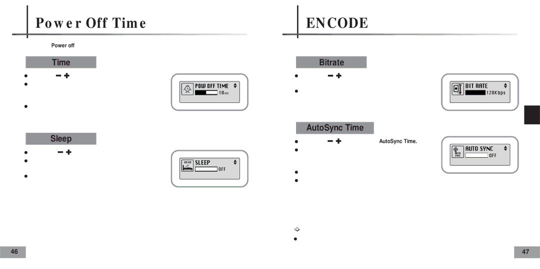 Samsung YPT5H2/ELS, YPT5V2/ELS manual Power Off Time, Bitrate, AutoSync Time, Sleep 