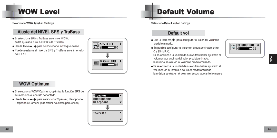 Samsung YPT5V2/ELS, YPT5H2/ELS manual WOW Level, Default Volume, Ajuste del Nivel SRS y TruBass, WOW Optimum, Default vol 