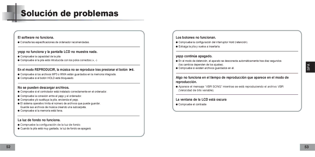 Samsung YPT5V2/ELS, YPT5H2/ELS manual Solución de problemas, Yepp no funciona y la pantalla LCD no muestra nada 