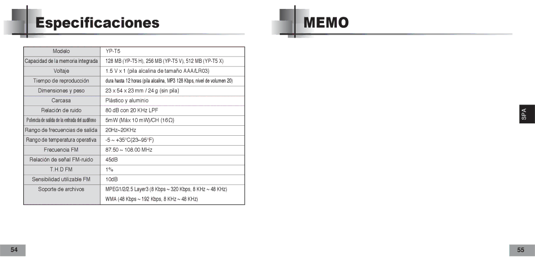 Samsung YPT5H2/ELS, YPT5V2/ELS manual Especificaciones 