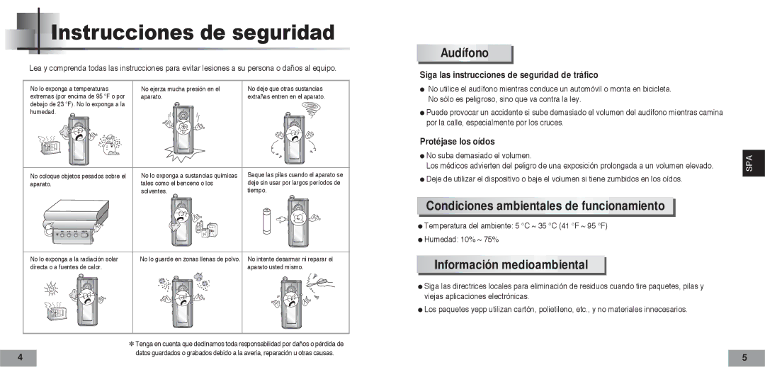 Samsung YPT5V2/ELS, YPT5H2/ELS manual Instrucciones de seguridad, Audífono, Condiciones ambientales de funcionamiento 