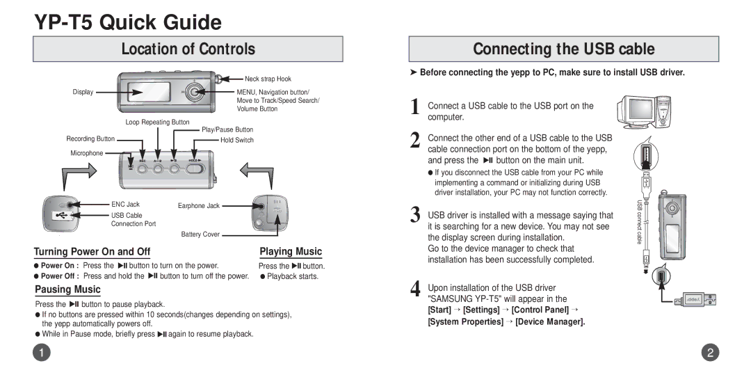 Samsung YPT5H2/ELS manual Location of Controls, Connecting the USB cable, Turning Power On and Off, Pausing Music 