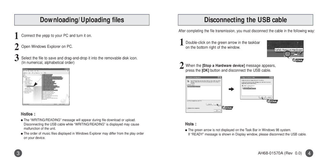 Samsung YPT5H1/ELS, YPT5V1/ELS, YPT5H2/ELS Downloading/Uploading files, Disconnecting the USB cable, AH68-01570A Rev 0.0 