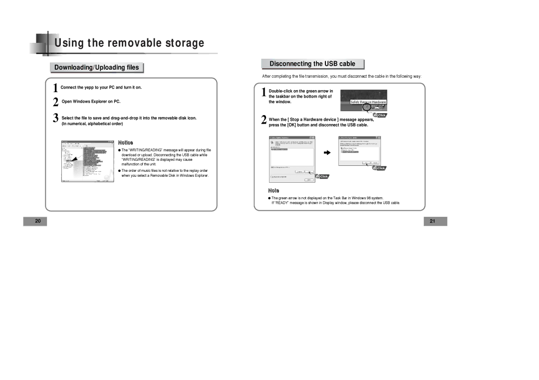 Samsung YPT5V2/ELS, YPT5V1/ELS, YPT5H2/ELS, YPT5H1/ELS manual Downloading/Uploading files, Disconnecting the USB cable 