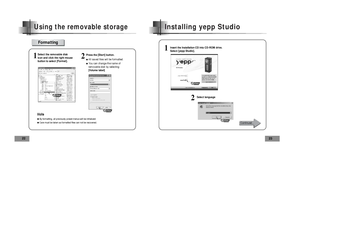 Samsung YPT5V1/ELS, YPT5H2/ELS, YPT5H1/ELS, YPT5V2/ELS manual Installing yepp Studio, Formatting 