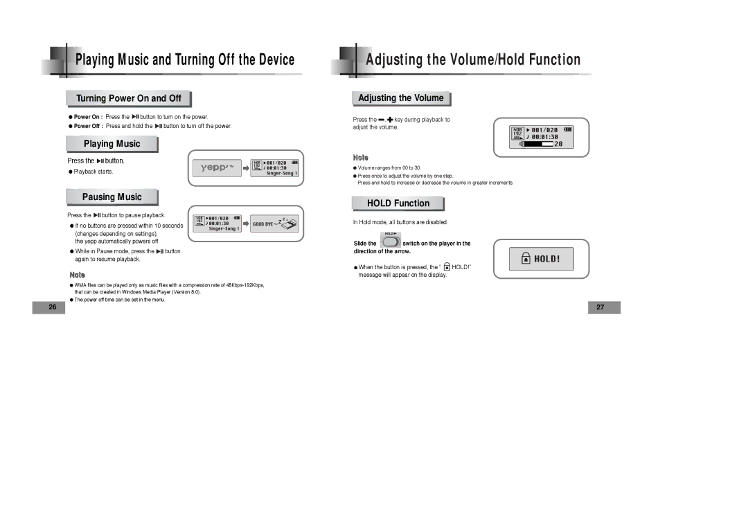 Samsung YPT5H1/ELS, YPT5V1/ELS Turning Power On and Off, Playing Music, Pausing Music, Adjusting the Volume, Hold Function 