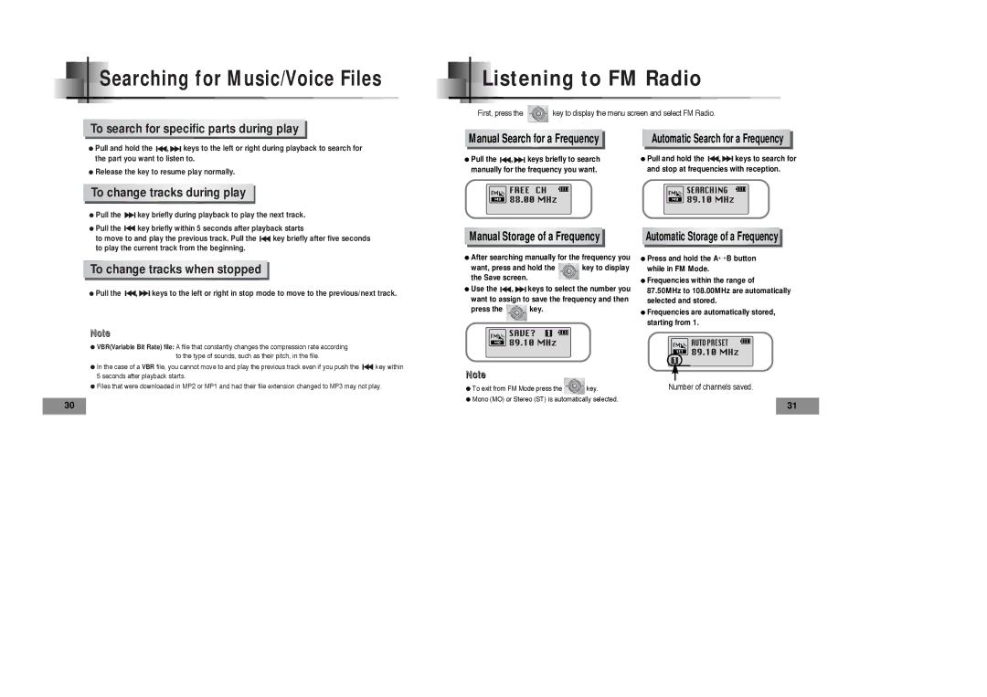 Samsung YPT5V1/ELS manual Listening to FM Radio, To search for specific parts during play, To change tracks during play 