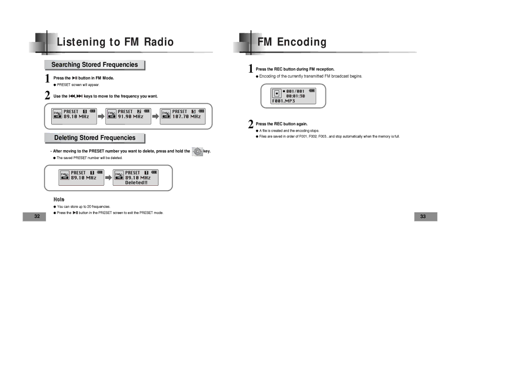 Samsung YPT5H2/ELS, YPT5V1/ELS, YPT5H1/ELS manual FM Encoding, Searching Stored Frequencies, Deleting Stored Frequencies 