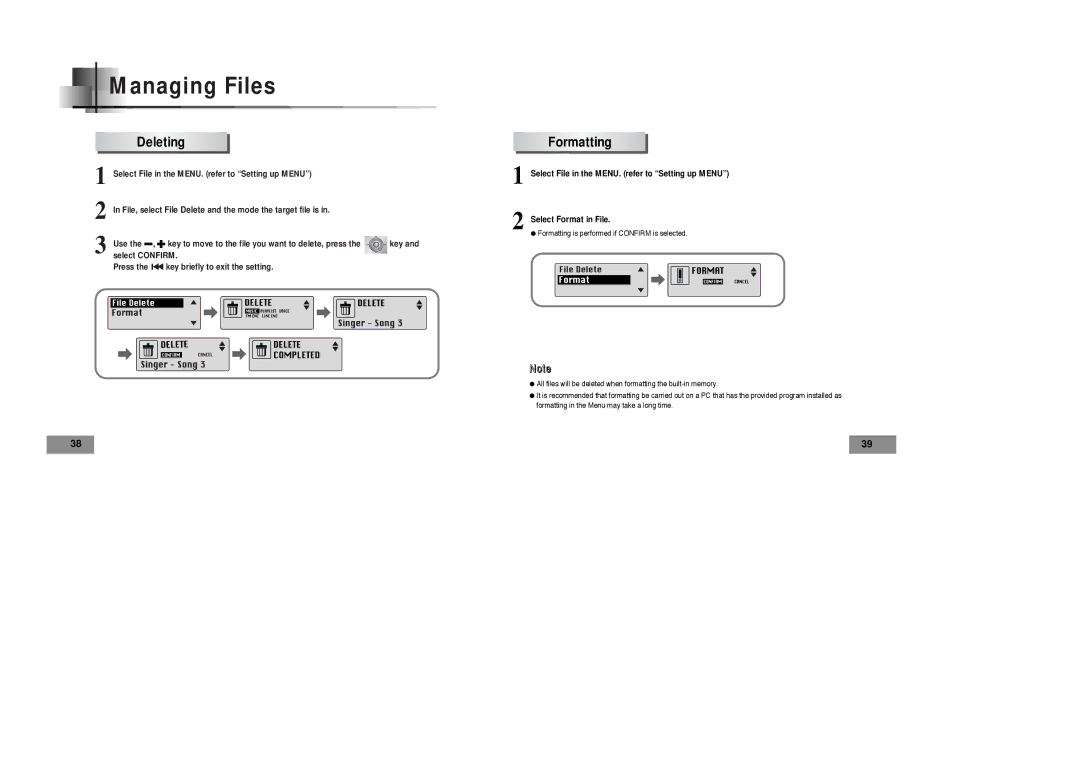 Samsung YPT5V1/ELS, YPT5H2/ELS, YPT5H1/ELS, YPT5V2/ELS manual Managing Files, Deleting 