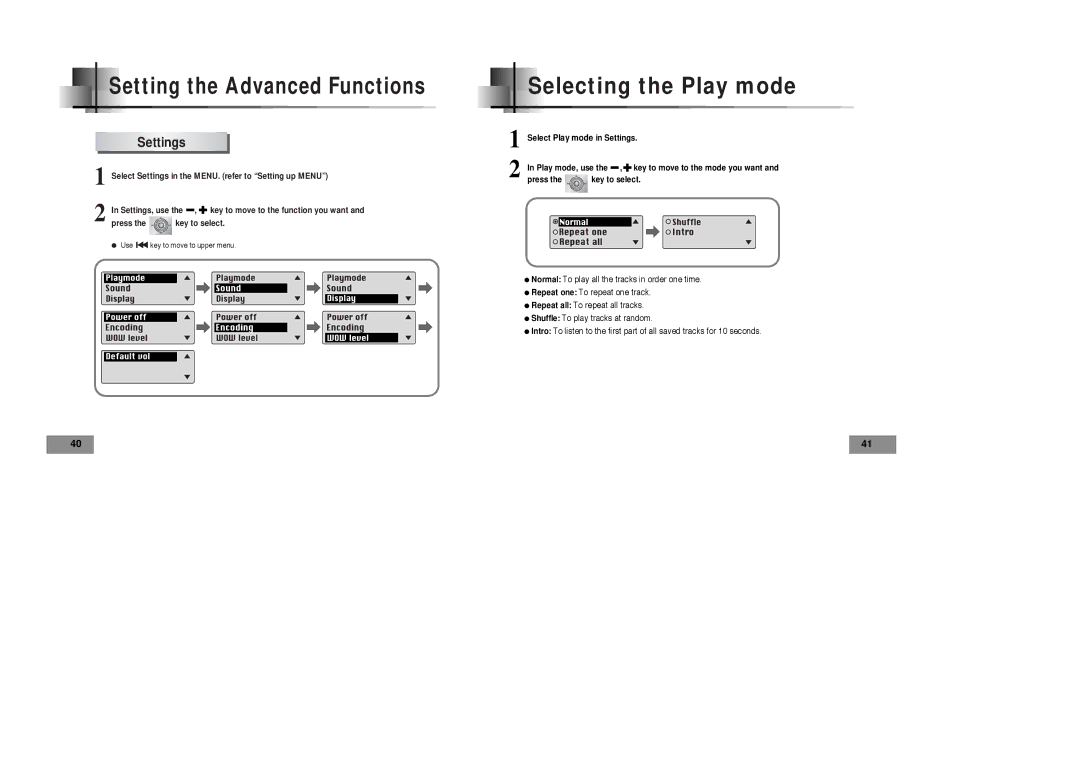 Samsung YPT5H2/ELS, YPT5V1/ELS, YPT5H1/ELS, YPT5V2/ELS manual Selecting the Play mode, Settings 