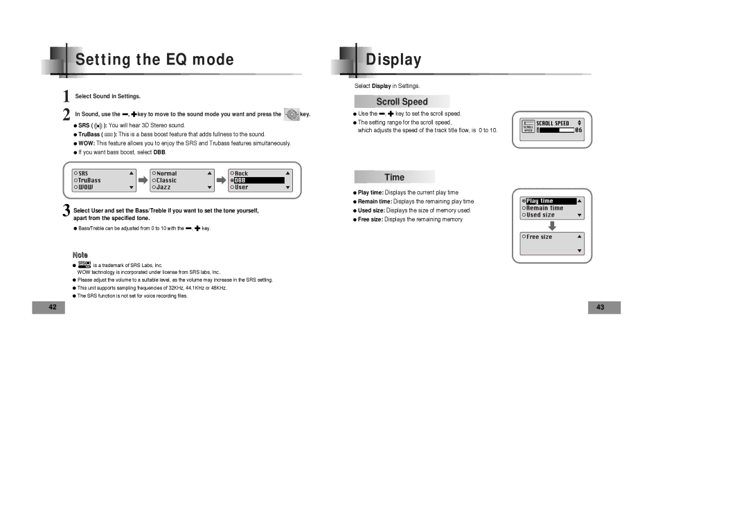 Samsung YPT5H1/ELS, YPT5V1/ELS, YPT5H2/ELS, YPT5V2/ELS manual Setting the EQ mode, Display, Scroll Speed, Time 