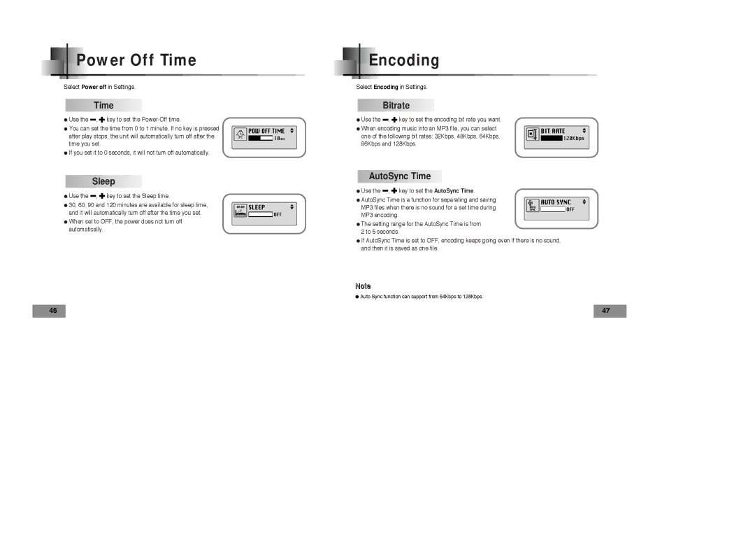 Samsung YPT5V1/ELS, YPT5H2/ELS, YPT5H1/ELS, YPT5V2/ELS manual Power Off Time, Encoding, Sleep, Bitrate, AutoSync Time 