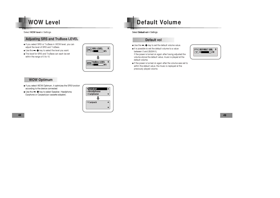 Samsung YPT5H2/ELS, YPT5V1/ELS manual WOW Level, Default Volume, Adjusting SRS and TruBass Level, WOW Optimum, Default vol 