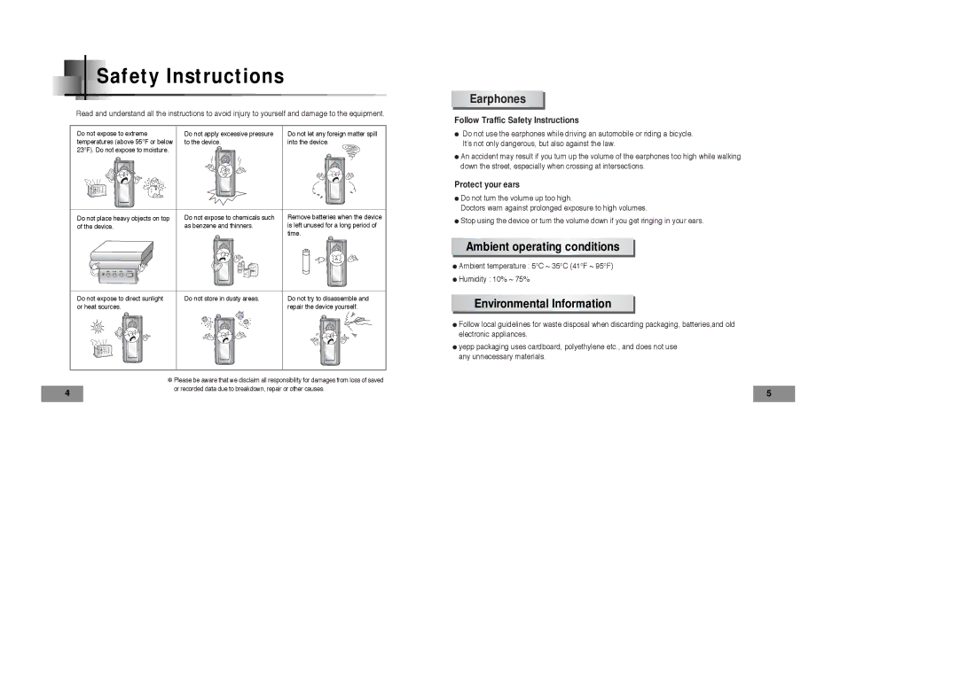 Samsung YPT5V2/ELS, YPT5V1/ELS, YPT5H2/ELS, YPT5H1/ELS Earphones, Ambient operating conditions, Environmental Information 