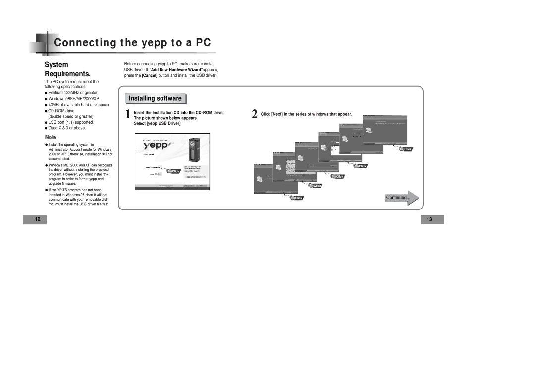 Samsung YPT5V2/ELS, YPT5V1/ELS, YPT5H2/ELS, YPT5H1/ELS manual Connecting the yepp to a PC, Installing software 