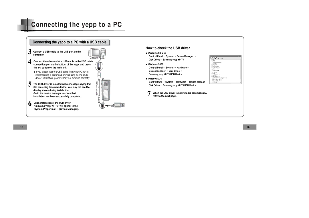 Samsung YPT5V1/ELS, YPT5H2/ELS, YPT5H1/ELS, YPT5V2/ELS manual Connecting the yepp to a PC with a USB cable 