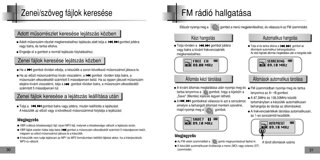 Samsung YPT5V1/ELS, YPT5H2/ELS, YPT5H1/ELS, YPT5V2/ELS manual Zenei/szöveg fájlok keresése, FM rádió hallgatása 